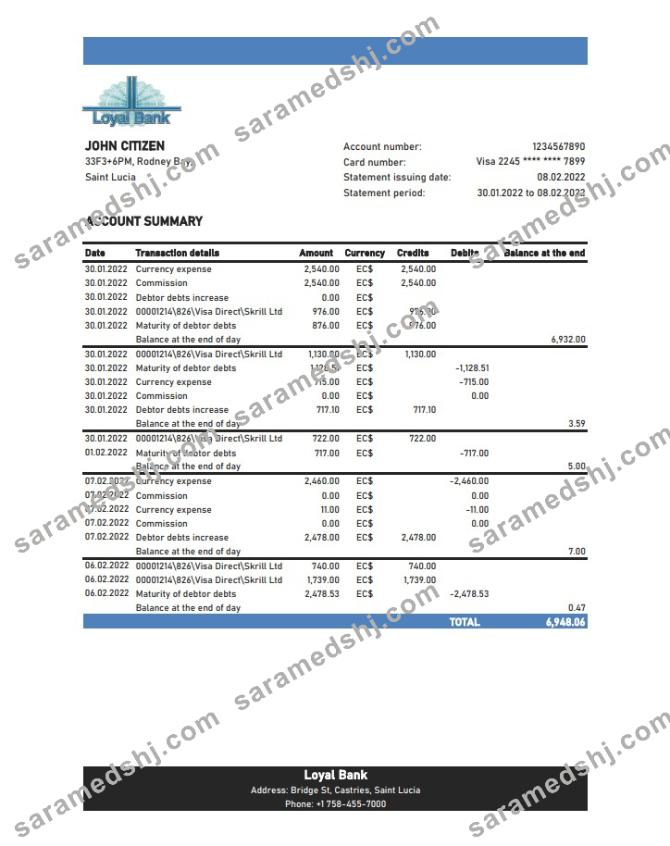 Saint Lucia Loyal Bank statement xls